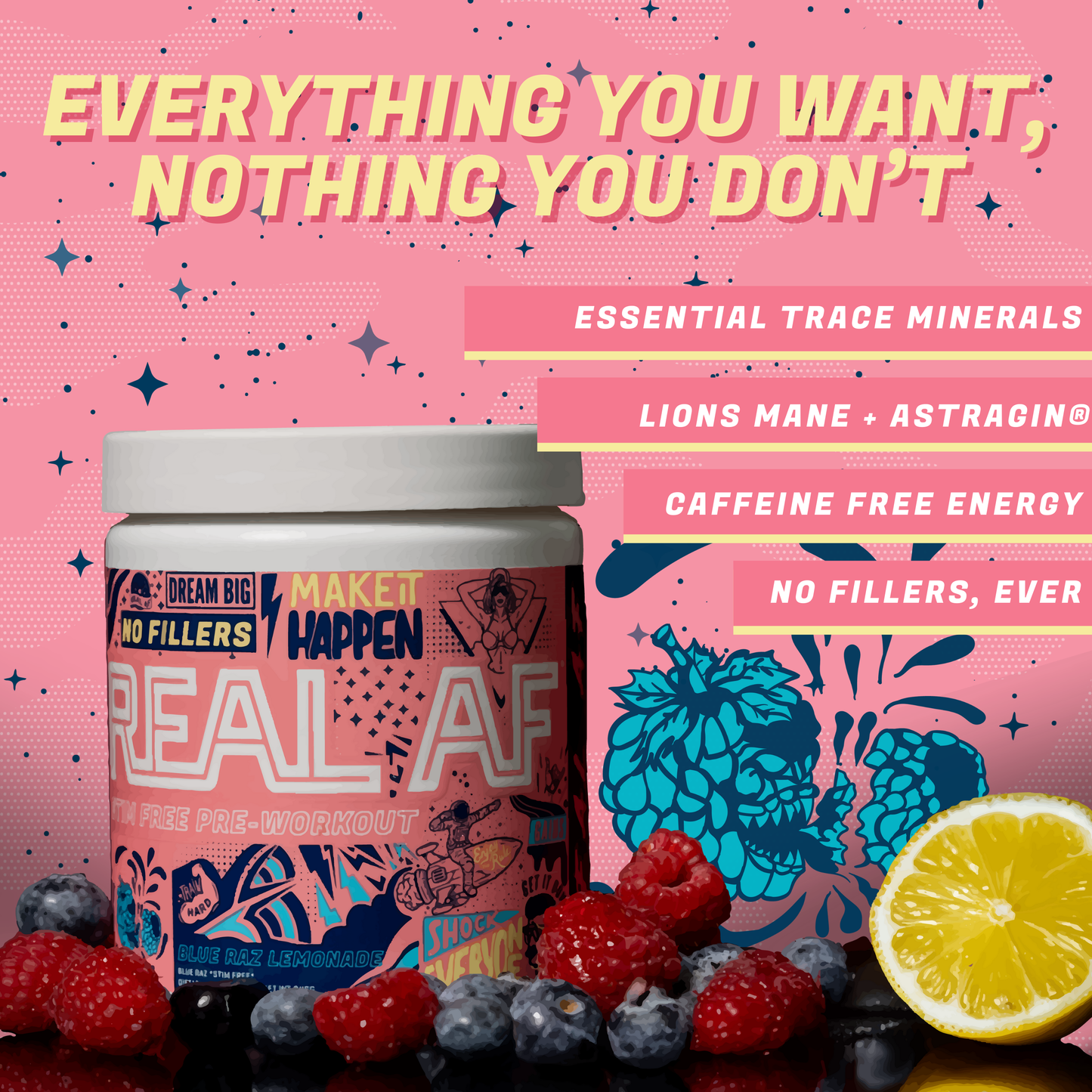 Real AF Pre-Workout Blue Raz Lemonade (Stim Free)