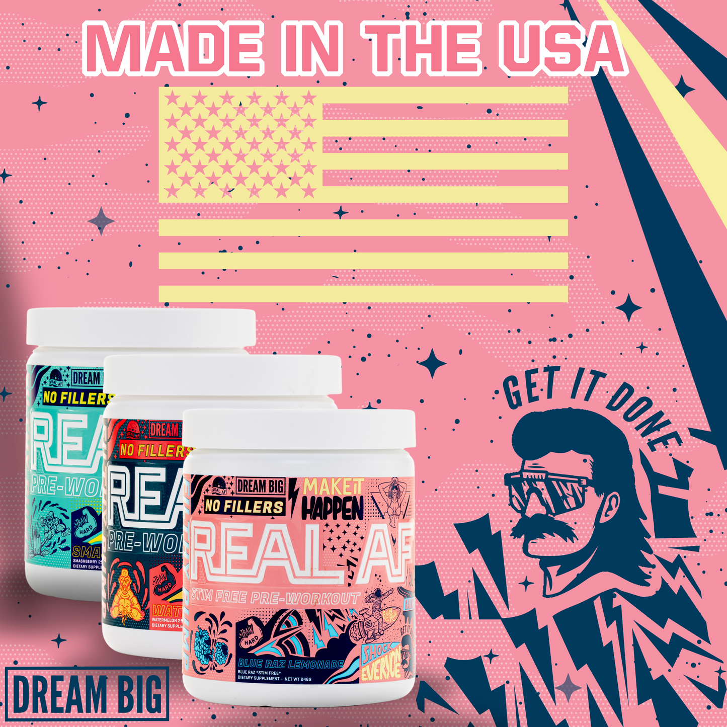 Real AF Pre-Workout Blue Raz Lemonade (Stim Free)